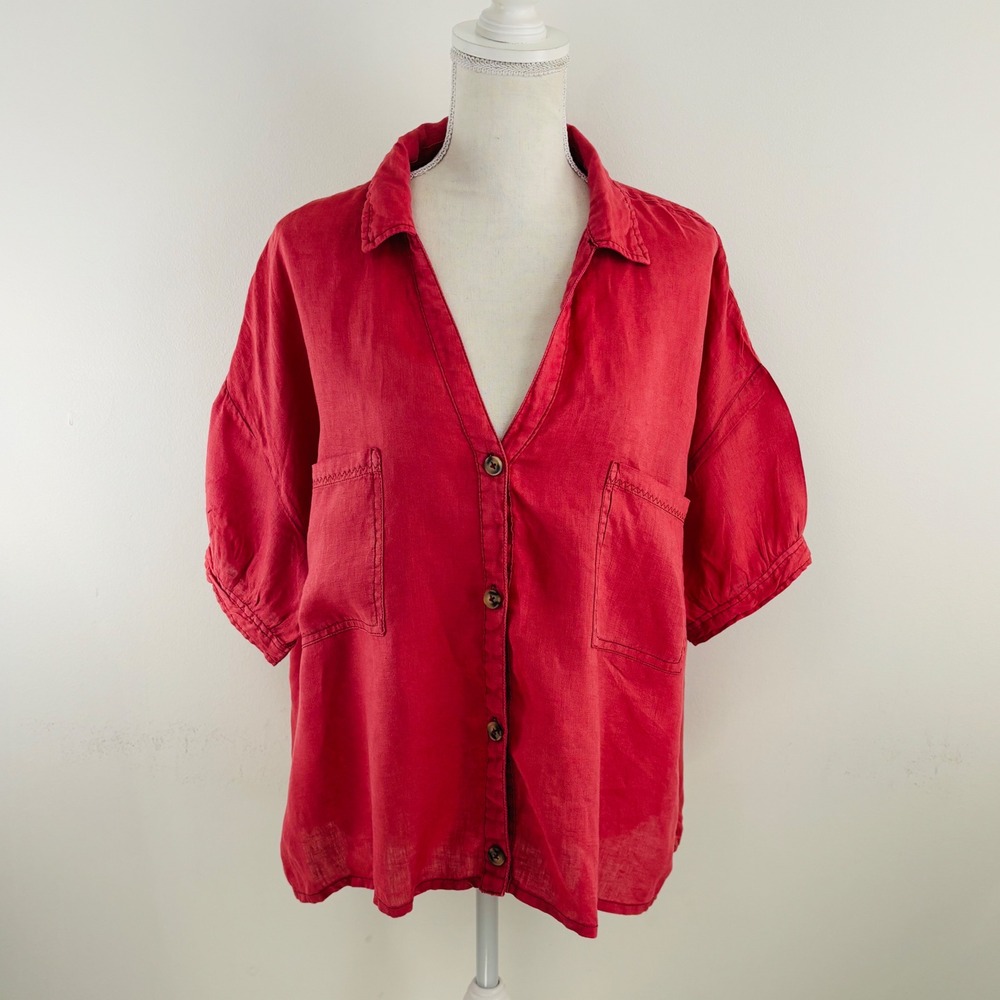 Anthropologie Pilcro 100% Linen Pink Button Down Short Sleeve Top Blouse